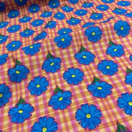 TRICOLINE FESTA JUNINA XADREZ COM FLOR AZUL  100 ALGODAO
