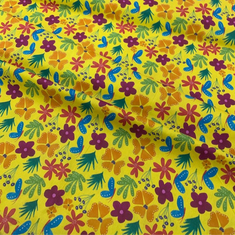Tricoline flores fundo amarelo 100% algodo