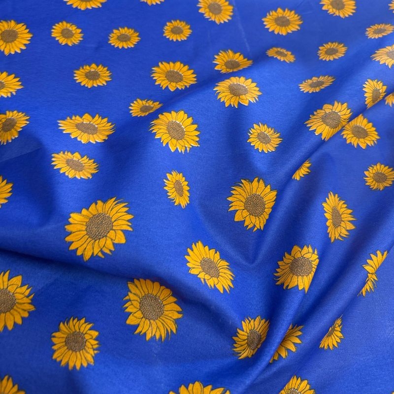 Tecido Chito Girassol Fundo Azul 100% Polister